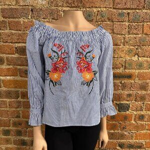 VGC Flying Tomato Off The Shoulder Pinstripe Embroidered Blouse Size Small